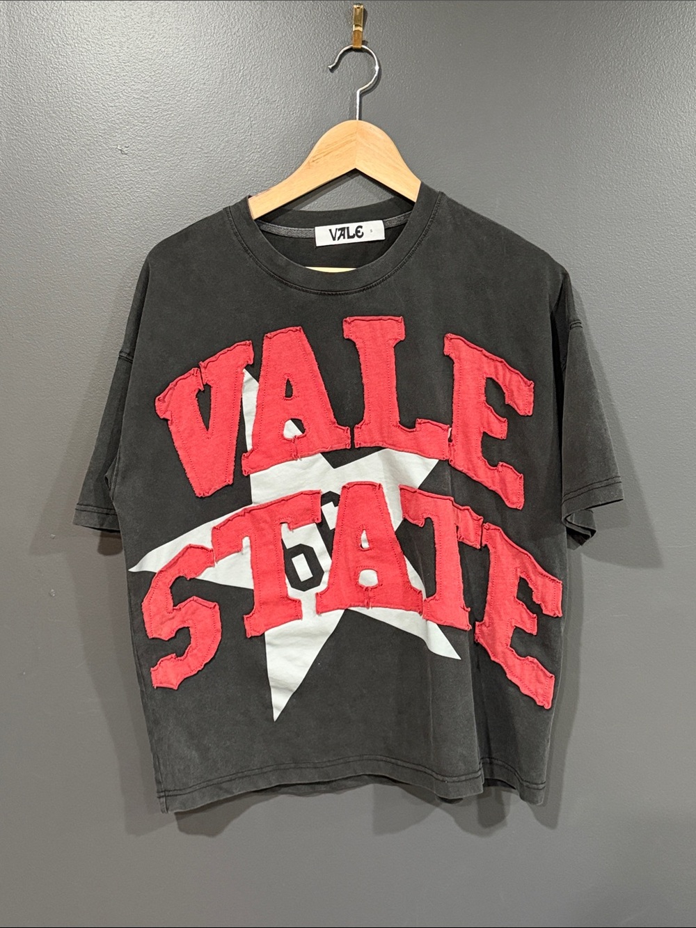 Vale State Black Short-Sleeve Graphic Tee with Red Lettering
